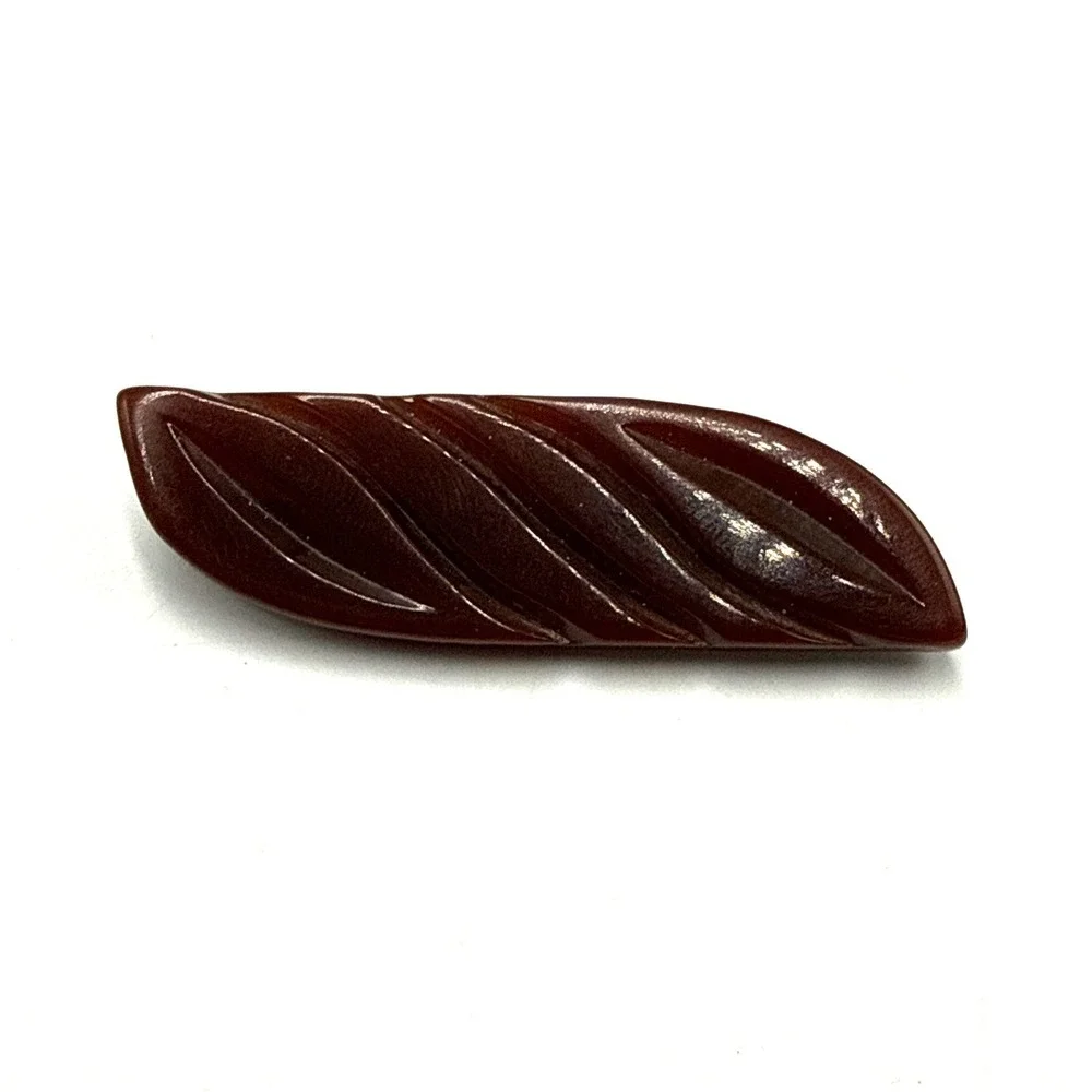 Vintage Carved Brown Brooch Leaf Feather Pin Mid Century Art Deco Style